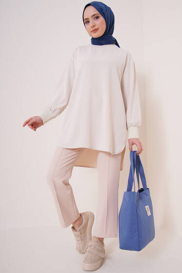 Yırtmaçlı Salaş Tunik Bej - Tunik