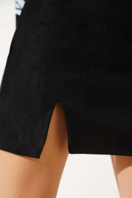 Yırtmaçlı Süet Mini Etek Siyah - Kadın Giyim Modelleri