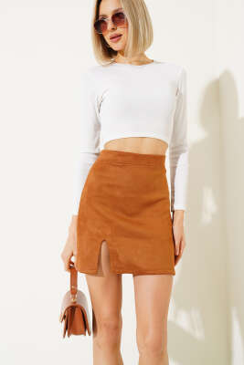 Yırtmaçlı Süet Mini Etek Taba - Kadın Giyim Modelleri