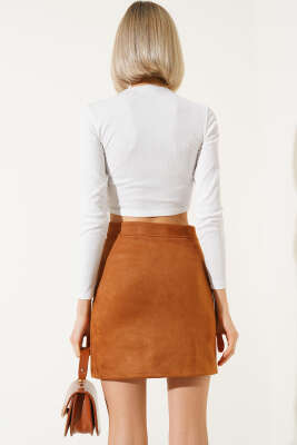 Yırtmaçlı Süet Mini Etek Taba - Kadın Giyim Modelleri