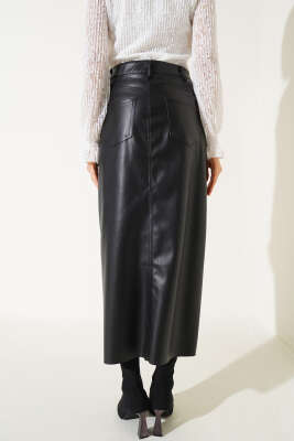 Yırtmaçlı Uzun Deri Etek Siyah - Kadın Giyim Modelleri