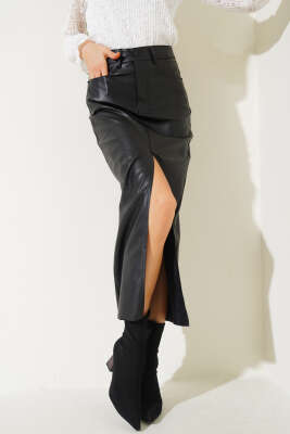 Yırtmaçlı Uzun Deri Etek Siyah - Kadın Giyim Modelleri