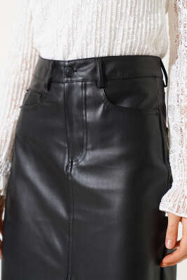 Yırtmaçlı Uzun Deri Etek Siyah - Kadın Giyim Modelleri