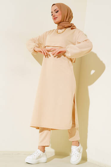 Yırtmaçlı Uzun İkili Takım Bej - İkili Takım