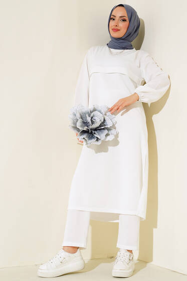 Yırtmaçlı Uzun İkili Takım Beyaz - İkili Takım