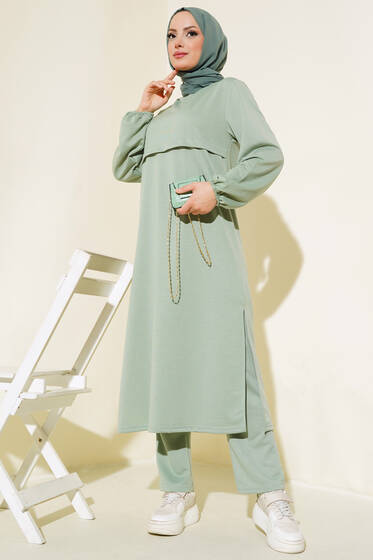 Yırtmaçlı Uzun İkili Takım Çağla Yeşili - İkili Takım