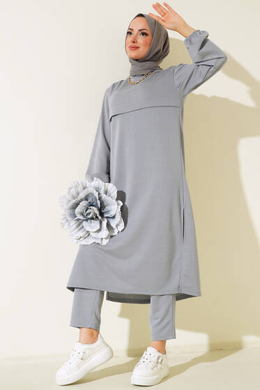 Yırtmaçlı Uzun İkili Takım Gri - İkili Takım