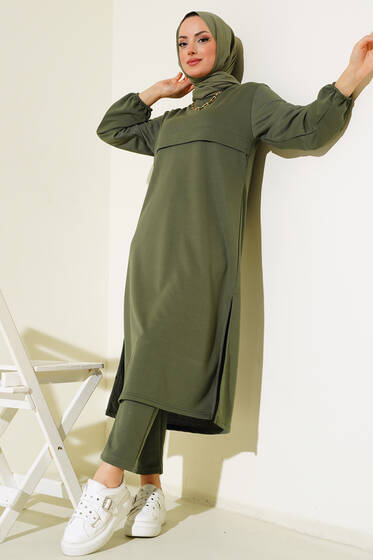 Yırtmaçlı Uzun İkili Takım Haki - İkili Takım