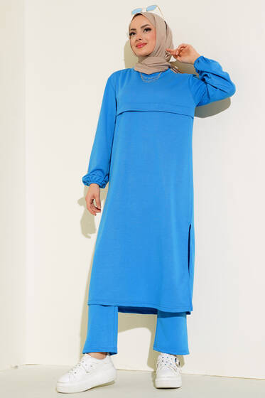 Yırtmaçlı Uzun İkili Takım İndigo - İkili Takım