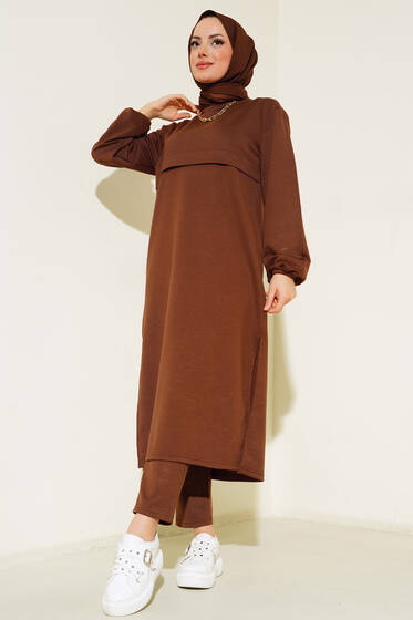 Yırtmaçlı Uzun İkili Takım Kahve - İkili Takım