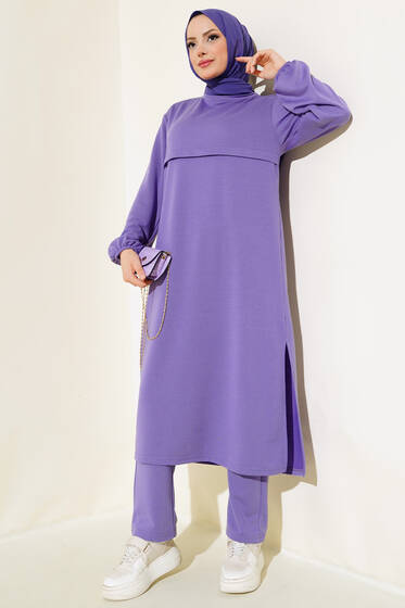 Yırtmaçlı Uzun İkili Takım Lila - İkili Takım