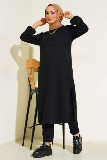 Yırtmaçlı Uzun İkili Takım Siyah - İkili Takım