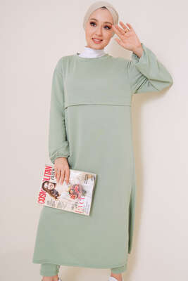 Yırtmaçlı Uzun Tunik İkili Takım Çağla Yeşili - İKİLİ TAKIM