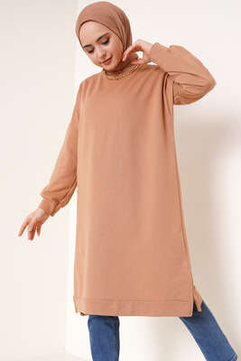 Yırtmaçlı Uzun Tunik Latte - Tunik