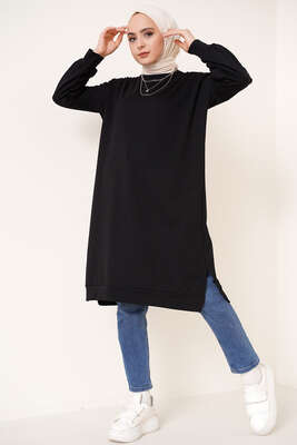Yırtmaçlı Uzun Tunik Siyah - Tunik