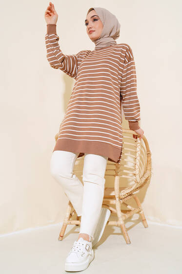 Yırtmaçlı Yatay Çizgili Tunik Latte - Tunik
