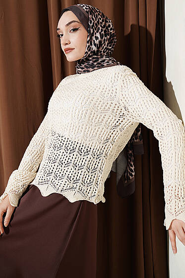 Yön Desen Ajurlu Triko Kazak Bej - Yılın Fırsatı