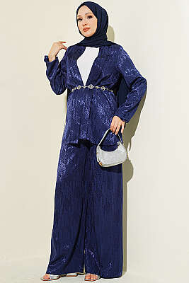 Yön Desen Şal Yaka Jakar İkili Takım Lacivert - MD TREND