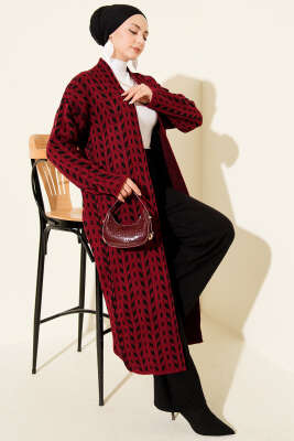 Yön Desen Triko Uzun Hırka Bordo - RAFİMİX