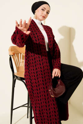 Yön Desen Triko Uzun Hırka Bordo - Hırka