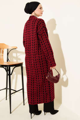 Yön Desen Triko Uzun Hırka Bordo - Hırka