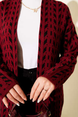 Yön Desen Triko Uzun Hırka Bordo - Hırka