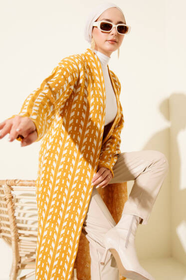 Yön Desen Triko Uzun Hırka Camel - Hırka