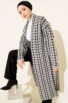 Yön Desen Triko Uzun Hırka Gri - RAFİMİX