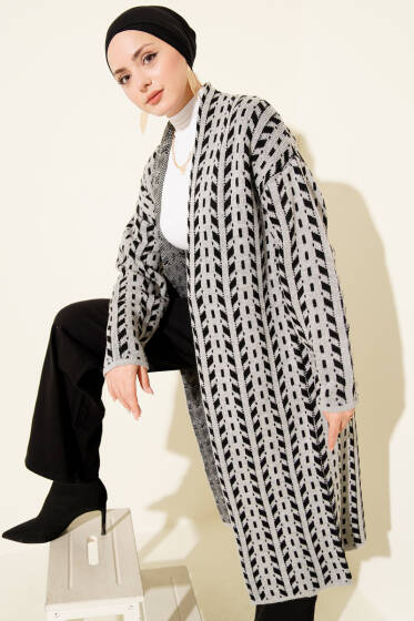 Yön Desen Triko Uzun Hırka Gri - Hırka