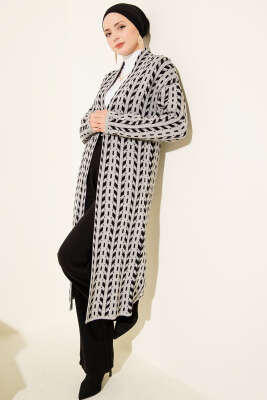 Yön Desen Triko Uzun Hırka Gri - Hırka