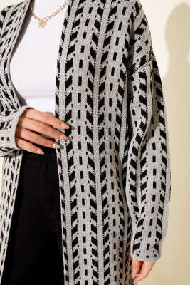 Yön Desen Triko Uzun Hırka Gri - Hırka