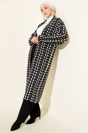 Yön Desen Triko Uzun Hırka Siyah - Hırka