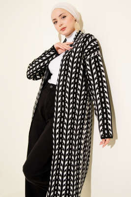 Yön Desen Triko Uzun Hırka Siyah - Hırka