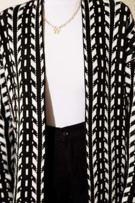 Yön Desen Triko Uzun Hırka Siyah - Hırka