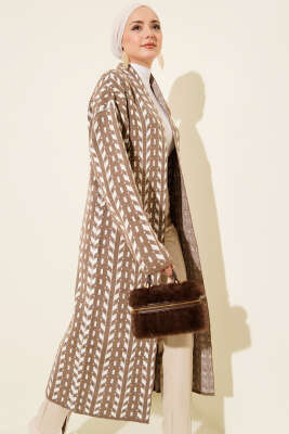 Yön Desen Triko Uzun Hırka Vizon - RAFİMİX