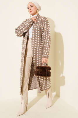 Yön Desen Triko Uzun Hırka Vizon - Hırka