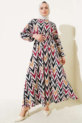 Yön Desenli Kemerli Bel Lastikli Elbise Bordo