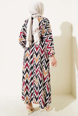 Yön Desenli Kemerli Bel Lastikli Elbise Bordo - Tesettür Elbise