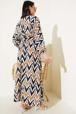 Yön Desenli Kemerli Bel Lastikli Elbise Camel - Tesettür Elbise