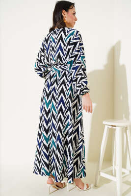 Yön Desenli Kemerli Bel Lastikli Elbise Lacivert - Tesettür Elbise