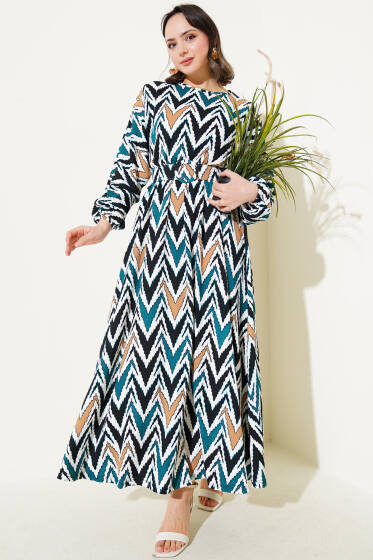 Yön Desenli Kemerli Bel Lastikli Elbise Zümrüt - Elbise