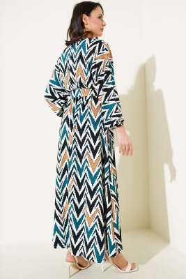 Yön Desenli Kemerli Bel Lastikli Elbise Zümrüt - Tesettür Elbise