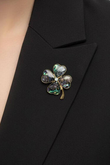 Yonca Desen Taşlı Broş Gold - Broş