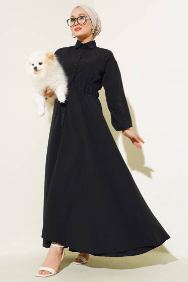 Kol Bilekleri Lastikli Boydan Düğmeli Elbise Siyah - Elbise