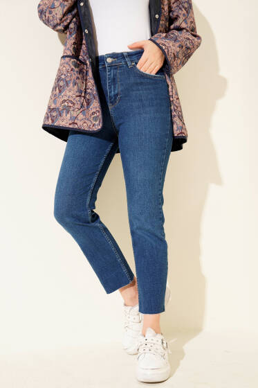 Yüksek Bel Boru Paça Kot Pantolon Mavi - Pantolon