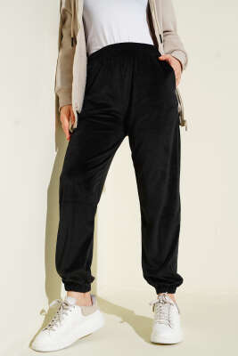 Paça Lastikli Kadife Jogger Pantolon Siyah 