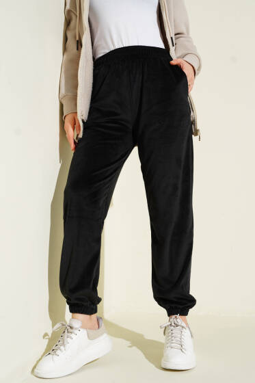 Paça Lastikli Kadife Jogger Pantolon Siyah - Pantolon