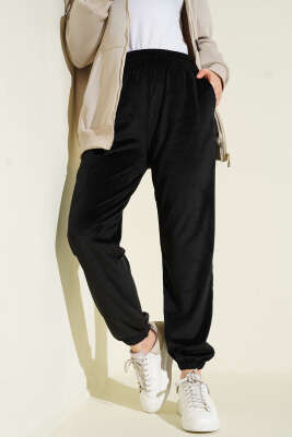 Paça Lastikli Kadife Jogger Pantolon Siyah - Pantolon