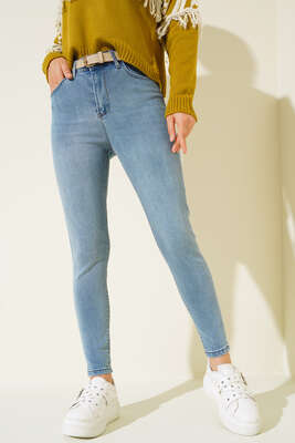 Yüksek Bel Dar Paça Jean Pantolon Açık Mavi - Kumaş Pantolon