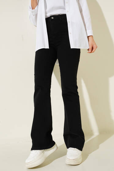 Yüksek Bel İspanyol Paça Pantolon Siyah - Kumaş Pantolon